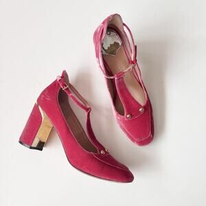 Cole Haan Collection Pink Velvet block heel T-strap Mary Jane Pumps Heels Size 9